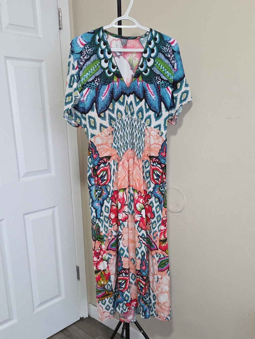Blank London V-Neck Floral Multicolor Maxi Dress in Aqua & Peach